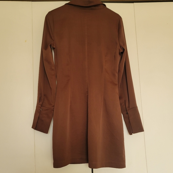 H&M Long Sleeve Button Down Ruched Bodycon Mini Dress Size Medium Brown - Picture 8 of 11